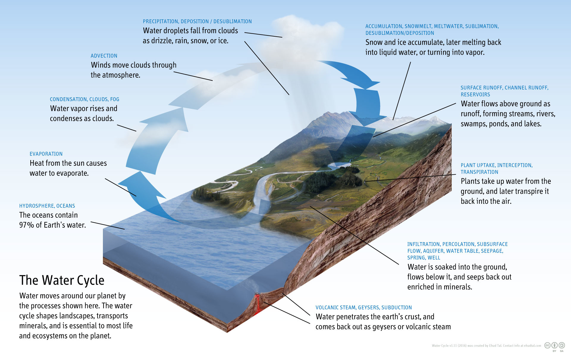 Diagram of the water cycle showing evaporation, condensation, precipitation, and collection